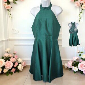 Dear Moon Satin Halter Dress | Hunter Green Fit & Flare Skater Dress with Pocket